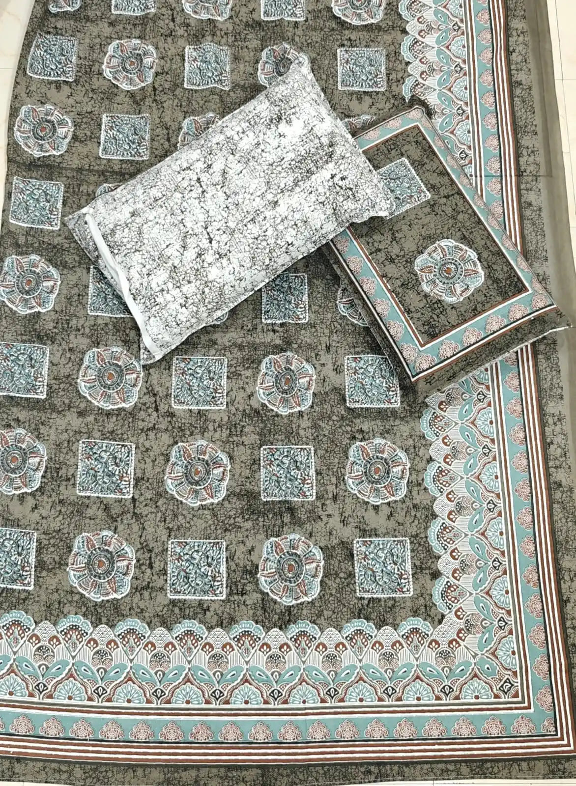 Super King Size Jaipuri Block Print Cotton Bedsheet 8x9 ft With 2 Pillow Covers by ASC Fashion Store