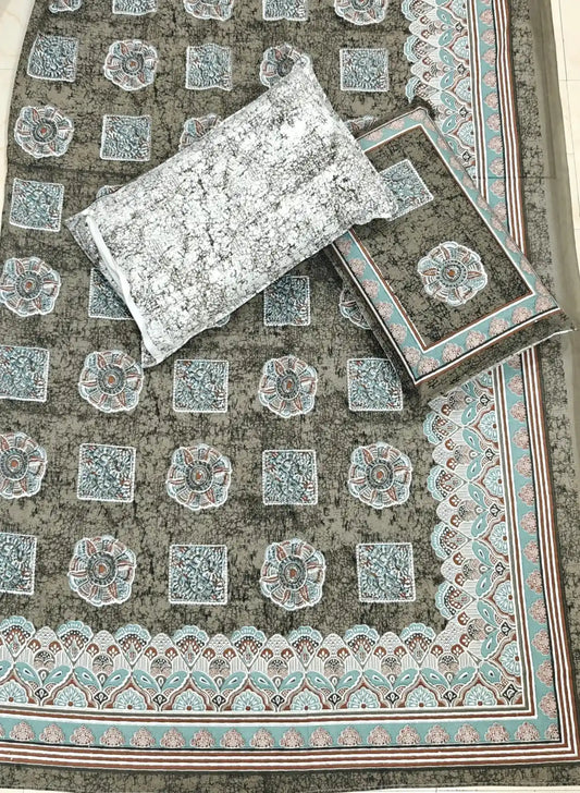 Super King Size Jaipuri Block Print Cotton Bedsheet 8x9 ft With 2 Pillow Covers by ASC Fashion Store
