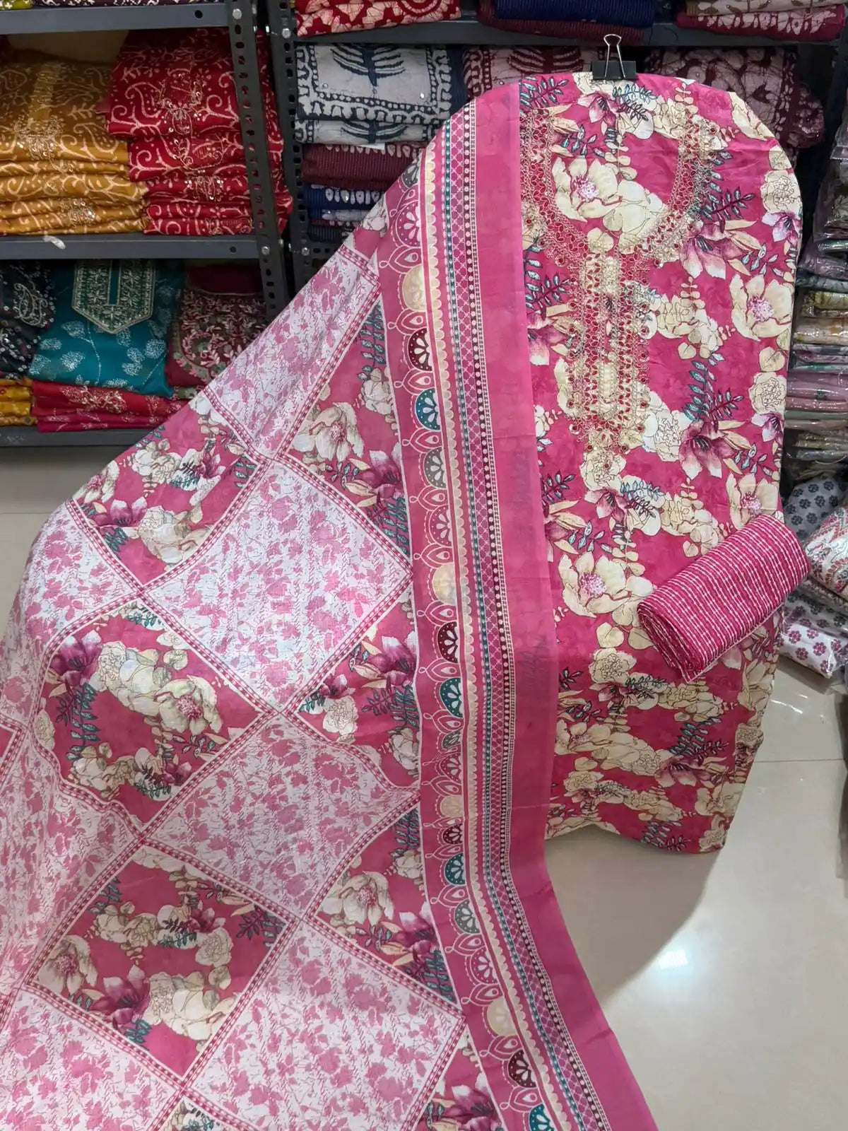 Pink Floral Cotton Unstitched Dress Material By ASC