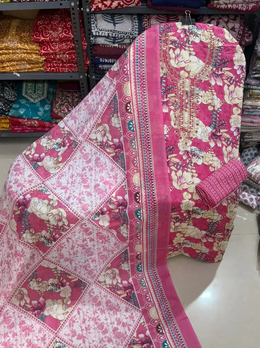 Pink Floral Cotton Unstitched Dress Material By ASC