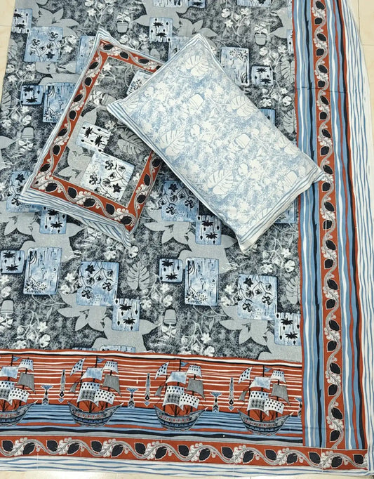 Super King Size Jaipuri Block Print Cotton Bedsheet 8x9 ft With 2 Pillow Covers by ASC Fashion Store