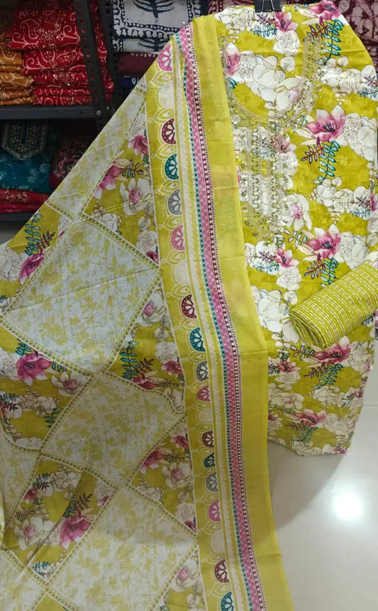 Yellow Floral Cotton Unstitched Dress Material By ASC