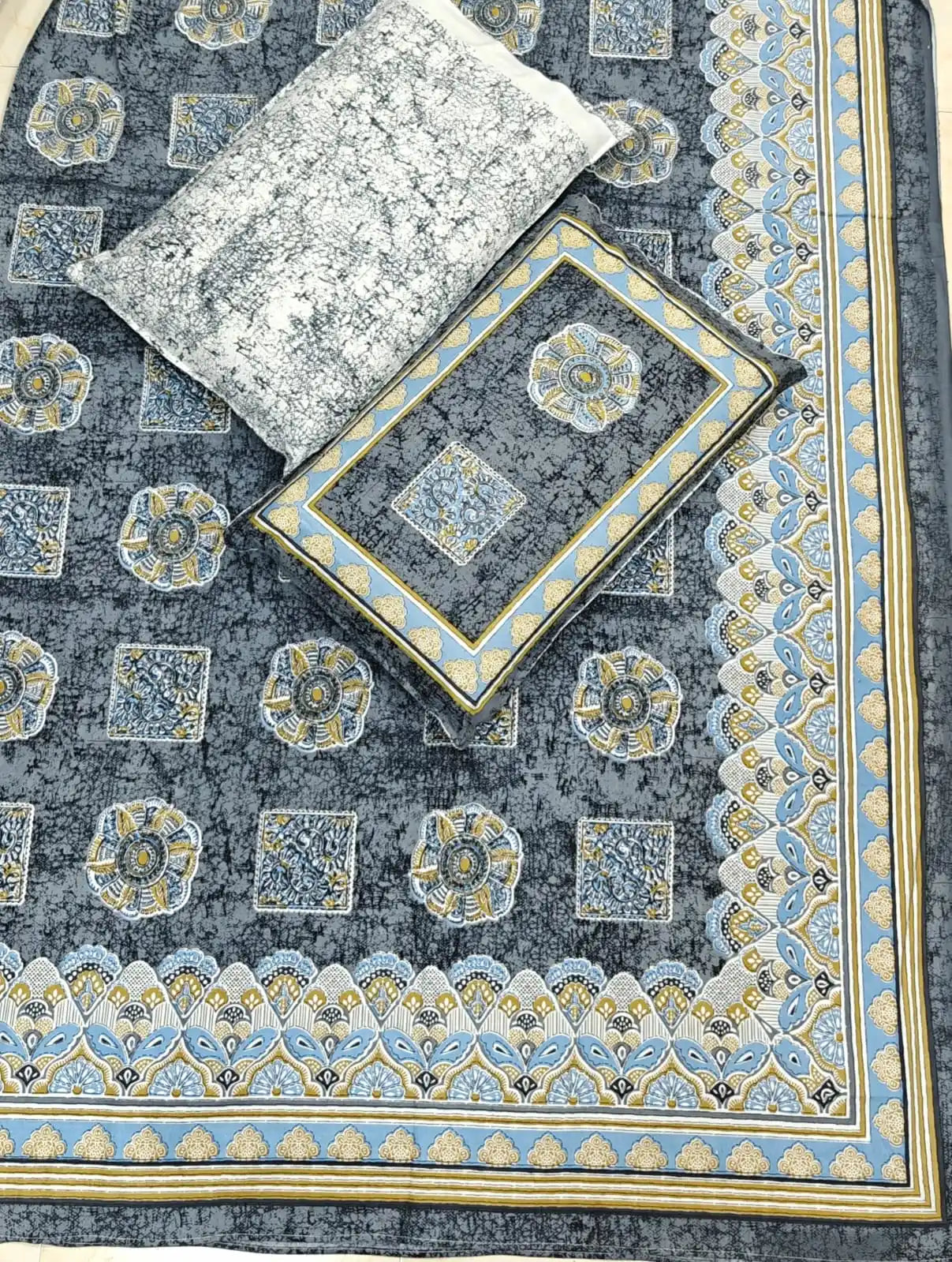 Super King Size Jaipuri Block Print Cotton Bedsheet 8x9 ft With 2 Pillow Covers by ASC Fashion Store