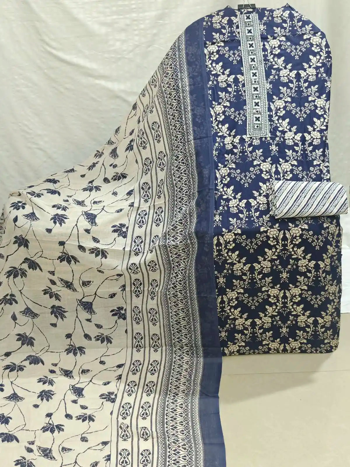 NAVY BLUE  Floral Print Cotton Unstitched Suit with Printed Dupatta