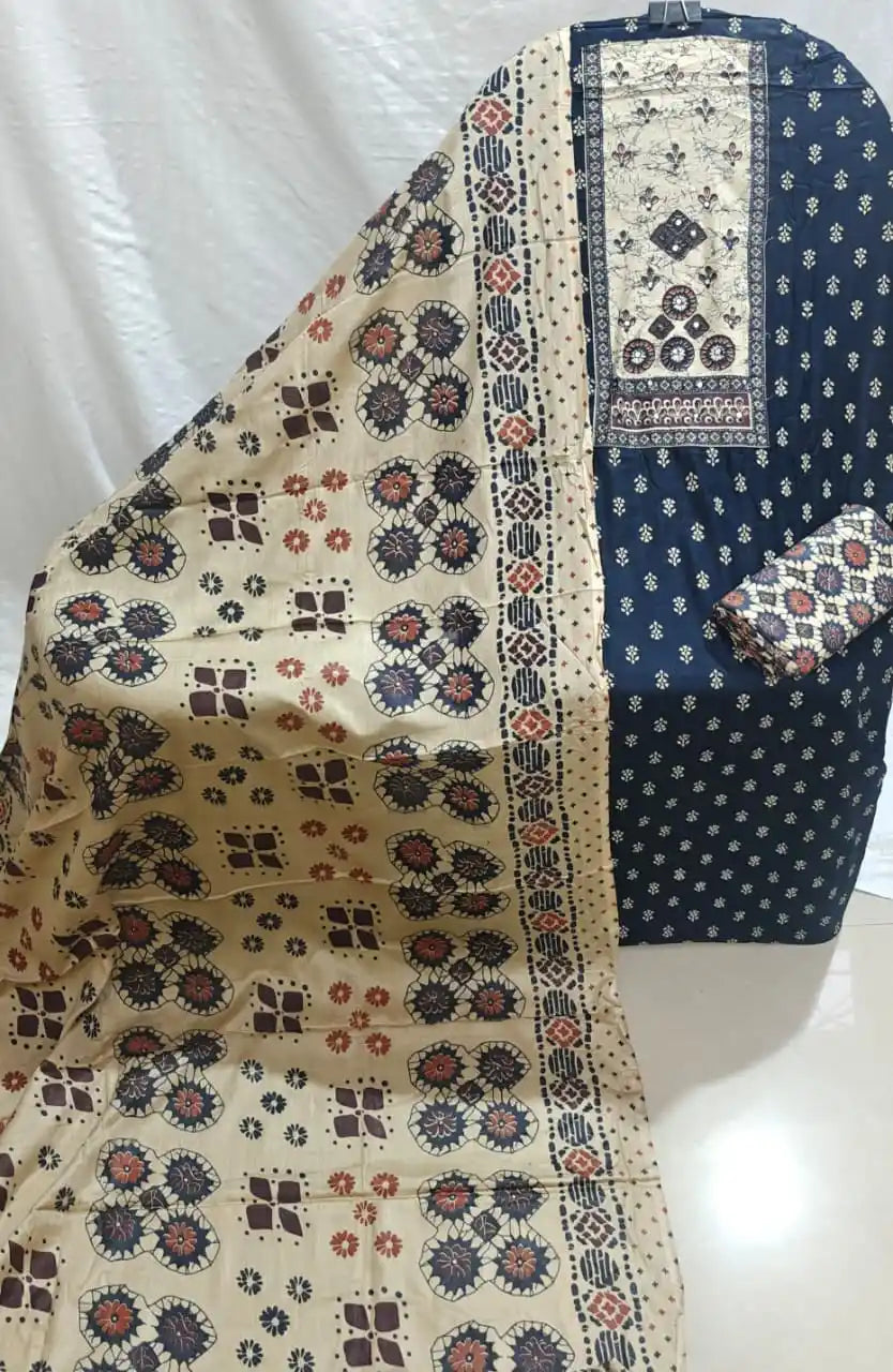 Premium Rayon Tabla Ajrakh Unstitched Suit By ASC – Blue