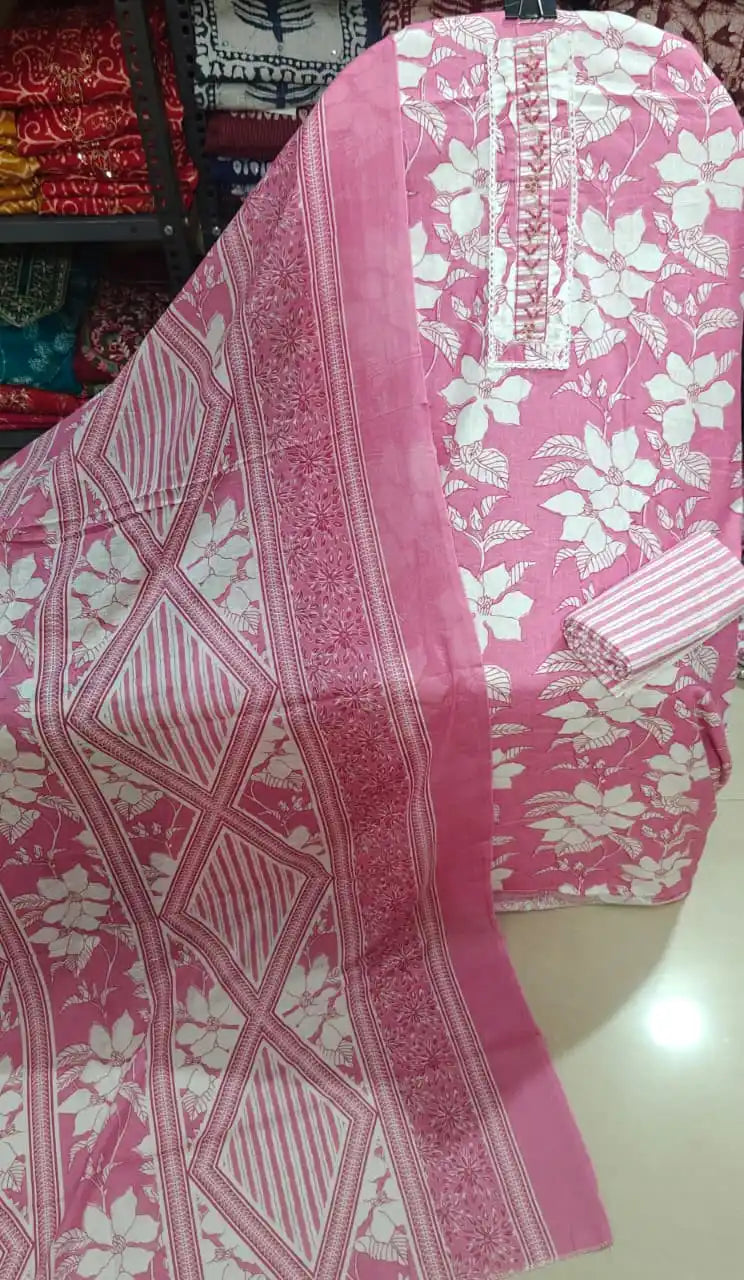Pink Floral Cotton Unstitched Dress Material By ASC