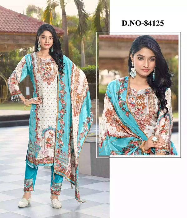 Readymade Pure Crepe Pakistani Print With Embroidery, Crepe Dupatta, Rayon Pant With Miyani