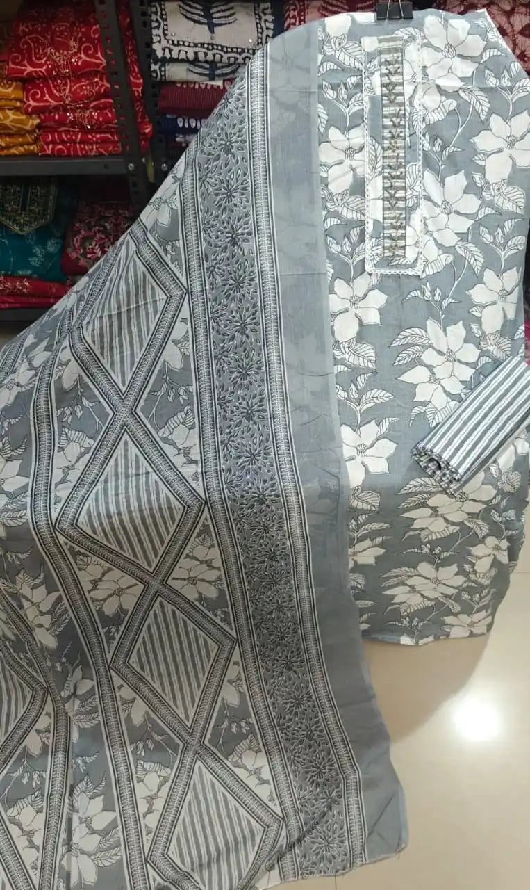 Grey Floral Cotton Unstitched Dress Material By ASC