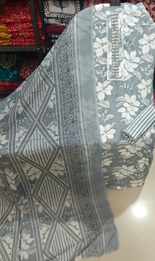 Grey Floral Cotton Unstitched Dress Material By ASC