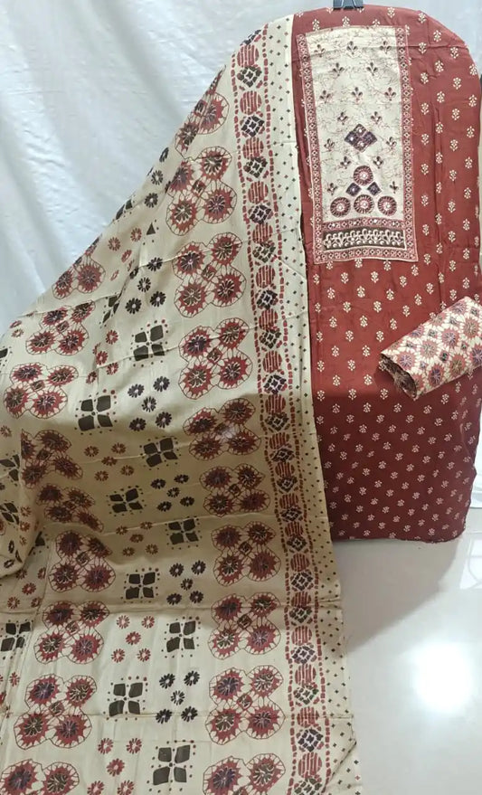 Premium Rayon Tapla Ajrakh Unstitched Suit By ASC – Maroon