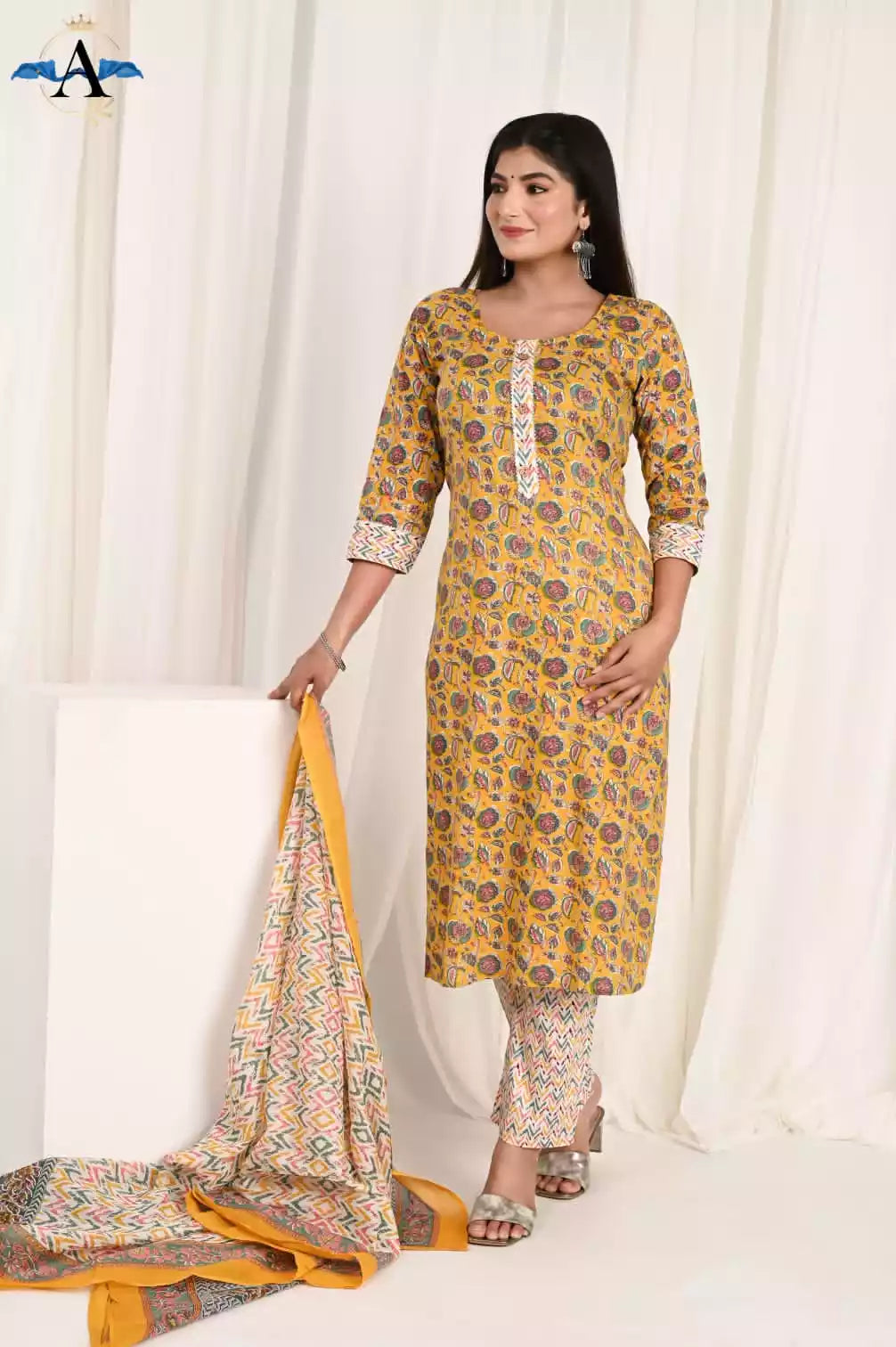 Readymade Block Print Cotton Suit With Cotton Dupatta
