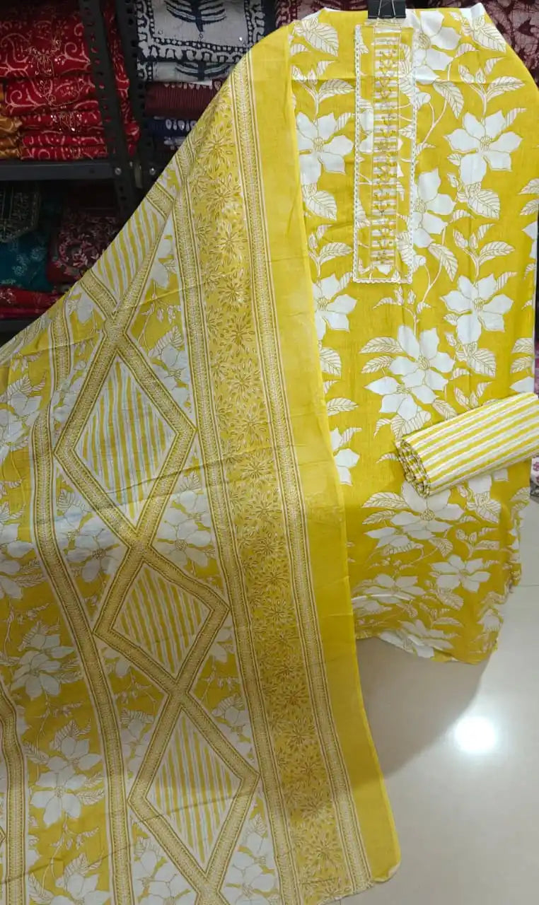 Yellow Floral Cotton Unstitched Dress Material By ASC