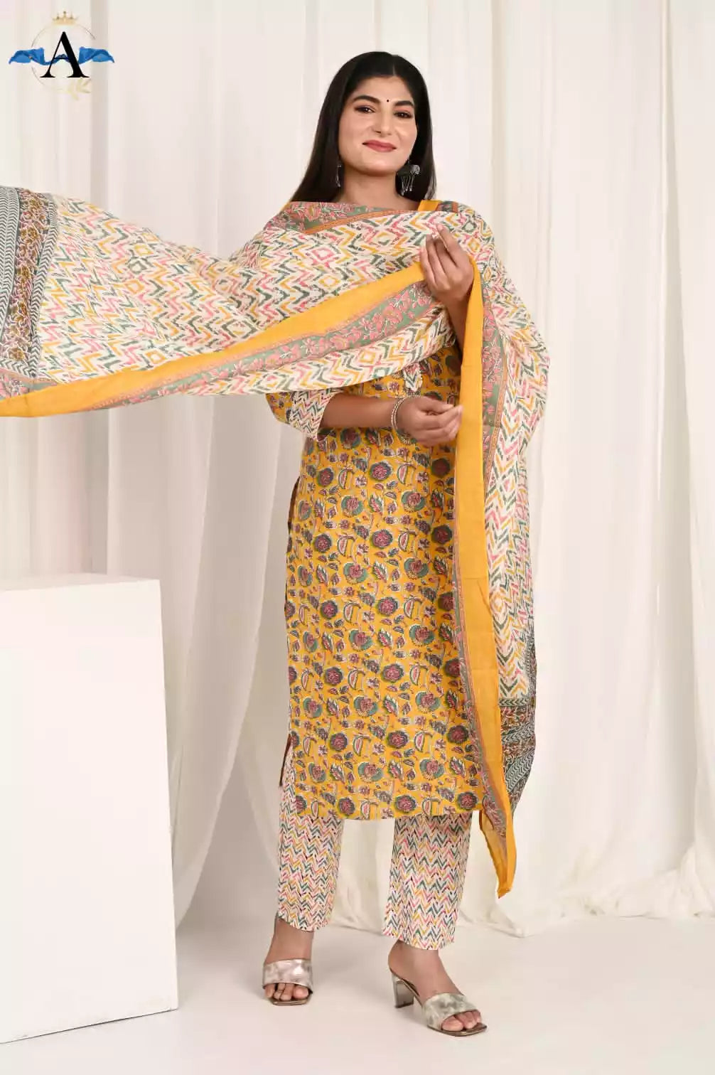 Readymade Block Print Cotton Suit With Cotton Dupatta