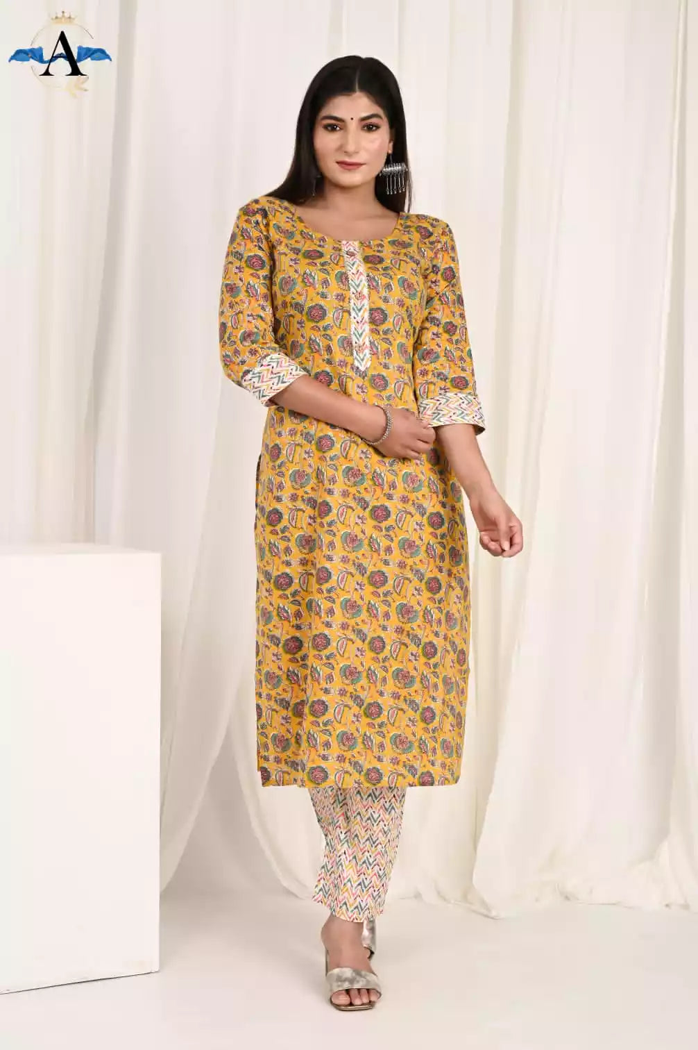 Readymade Block Print Cotton Suit With Cotton Dupatta