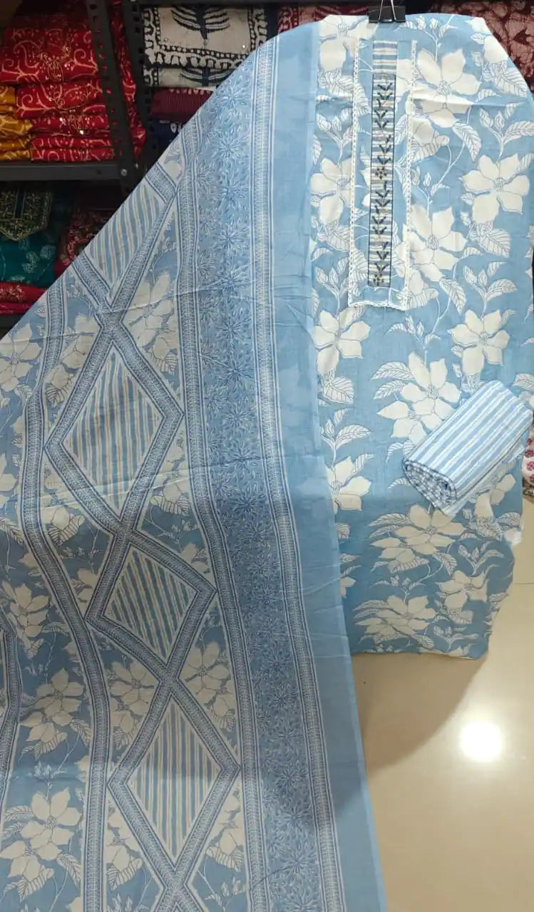 Sky Blue Cotton Unstitched Dress Material By ASC