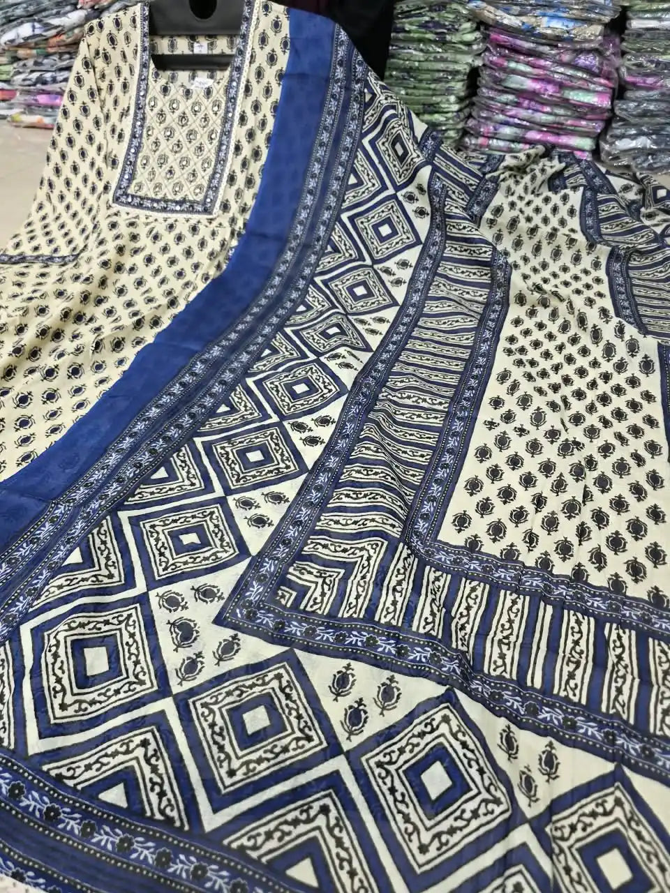 Navy Blue Anarkali Pattern With Classic Jaipuri Buti Print & Hand Work By ASC