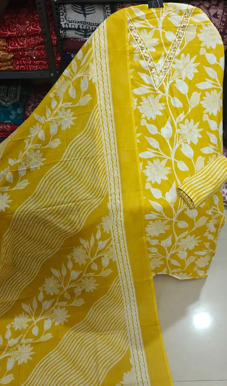 Mustard Yellow Cotton Unstitched Dress Material By ASC