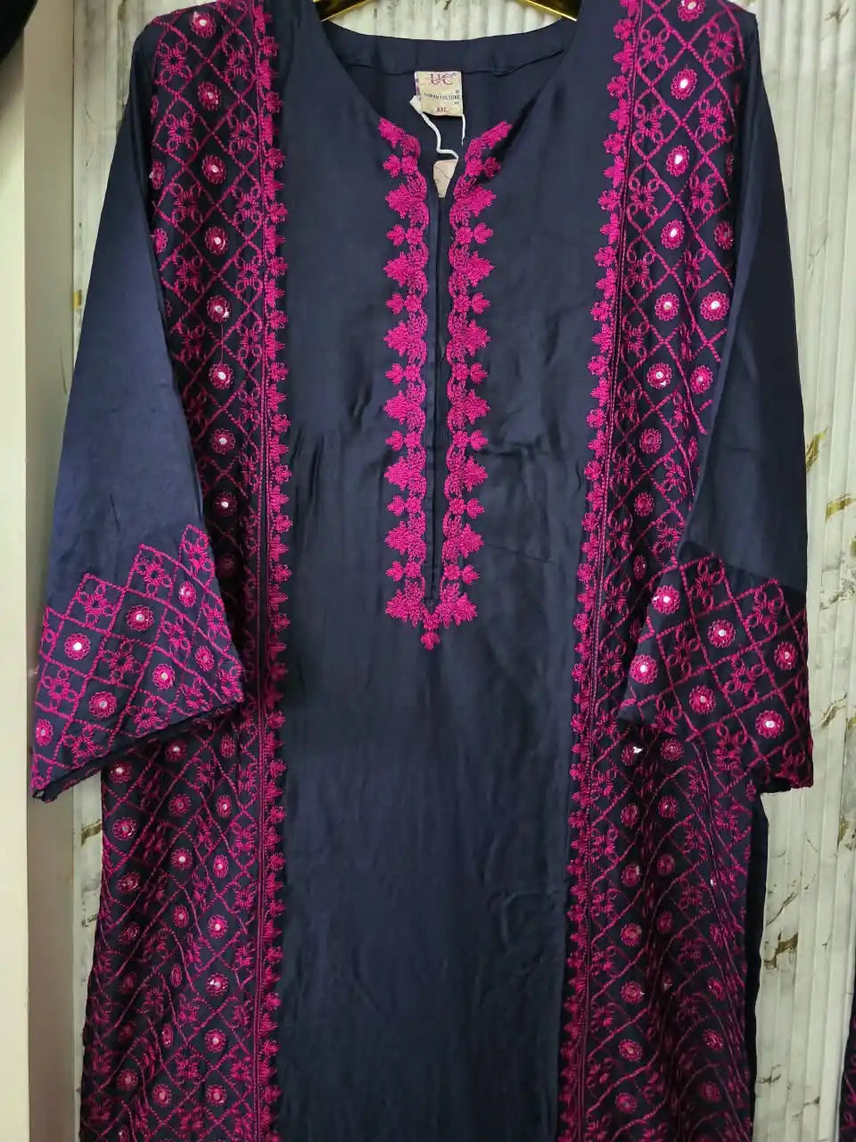 Pakistani Embroidered Designer Blue Suit with contrast pink embroidery