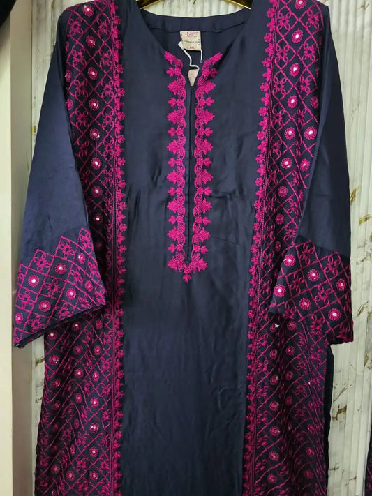 Pakistani Embroidered Designer Blue Suit with contrast pink embroidery