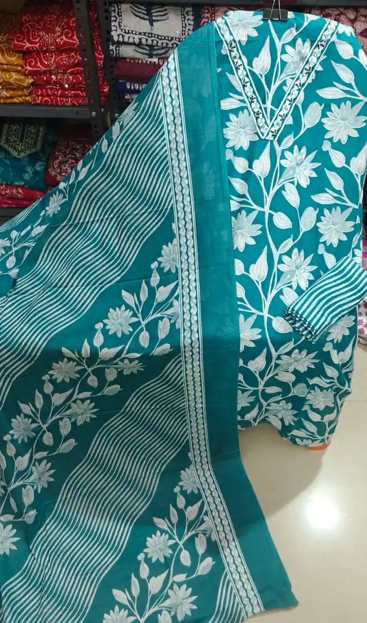 Teal Blue Cotton Unstitched Dress Material By ASC
