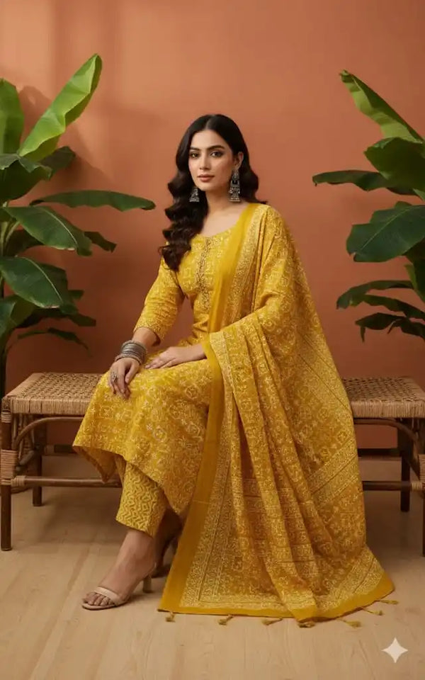 Readymade Block Print Cotton Suit With Mal Cotton Dupatta