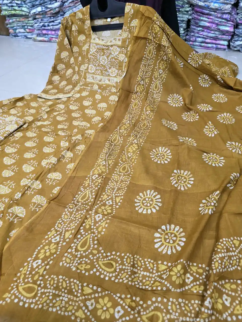 Mustard Anarkali Pattern With Dabu Print & Hand Work By ASC