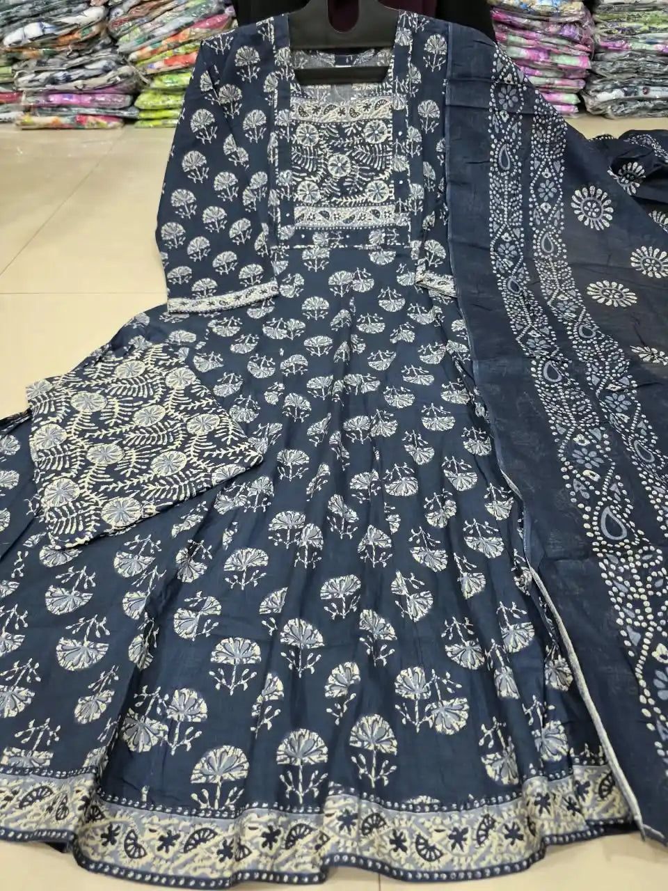 Navy Blue Anarkali Pattern With Dabu Print & Hand Work By ASC