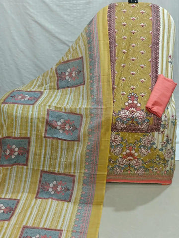 Mustard Floral Printed Coral Peach bottom Unstitched Suit with printed Dupatta