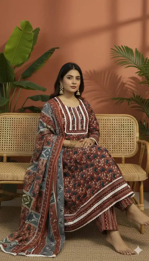 Gown With Kali In Premium Cotton Fabric, Cotton Pant, Mal Cotton Print Dupatta