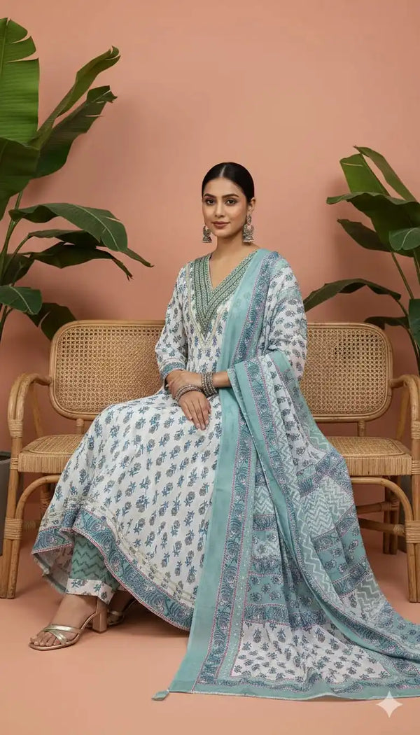 Gown With Kali In Premium Cotton Fabric, Cotton Pant, Mal Cotton Print Dupatta