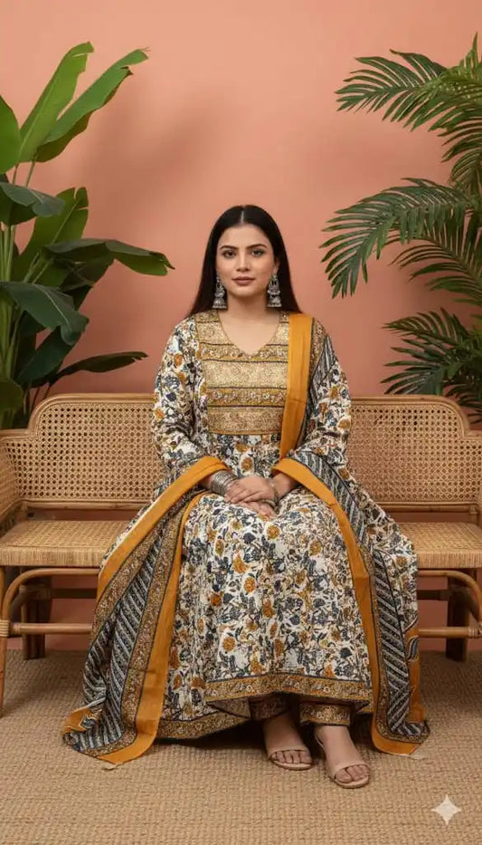 Gown With Kali, Neck Patch Emb, Cotton Pant, Cotton Dupatta