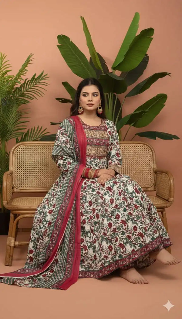 Gown With Kali, Neck Patch Emb, Cotton Pant, Cotton Dupatta