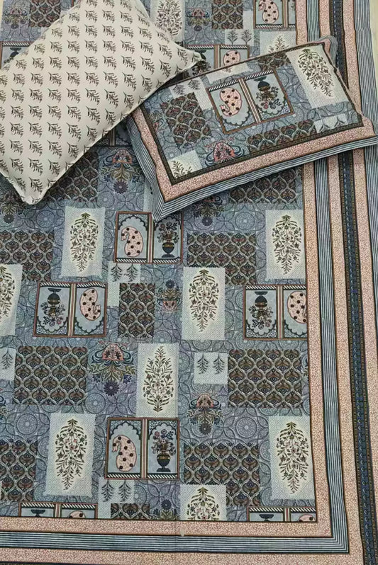Super King Size Jaipuri Block Print Cotton Bedsheet 8x9 ft With 2 Pillow Covers by ASC Fashion Store