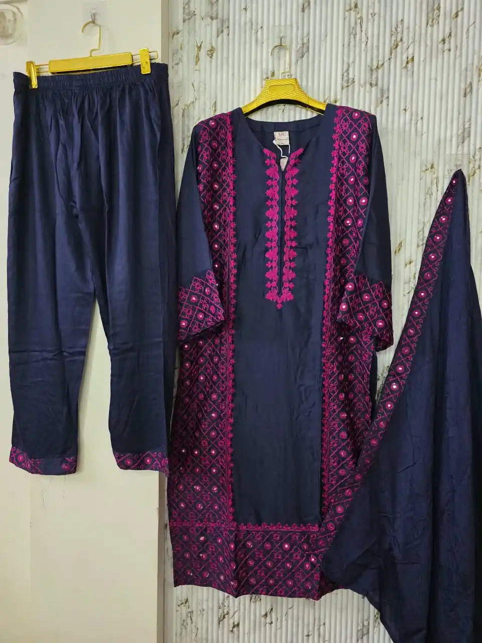 Pakistani Embroidered Designer Blue Suit with contrast pink embroidery