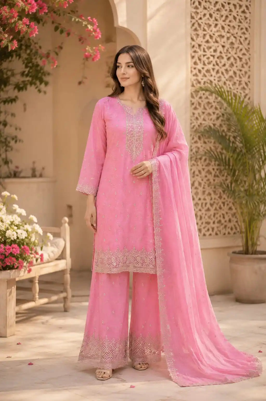 Women’s Embroidered Designer Suit With Russian Plazo Pant & Dupatta By ASC