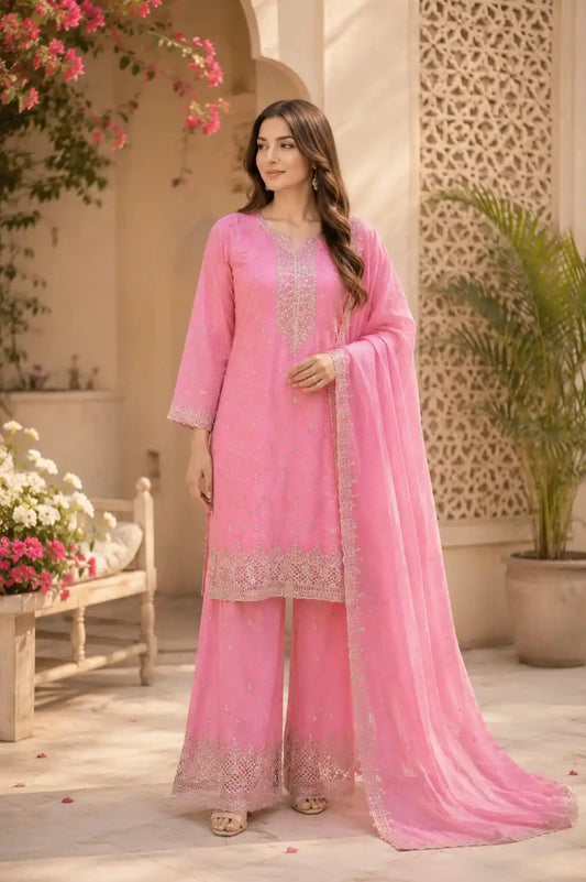 Women's Embroidered Designer Suit With Russian Palazzo Pant & Dupatta - ASC Fashion Store