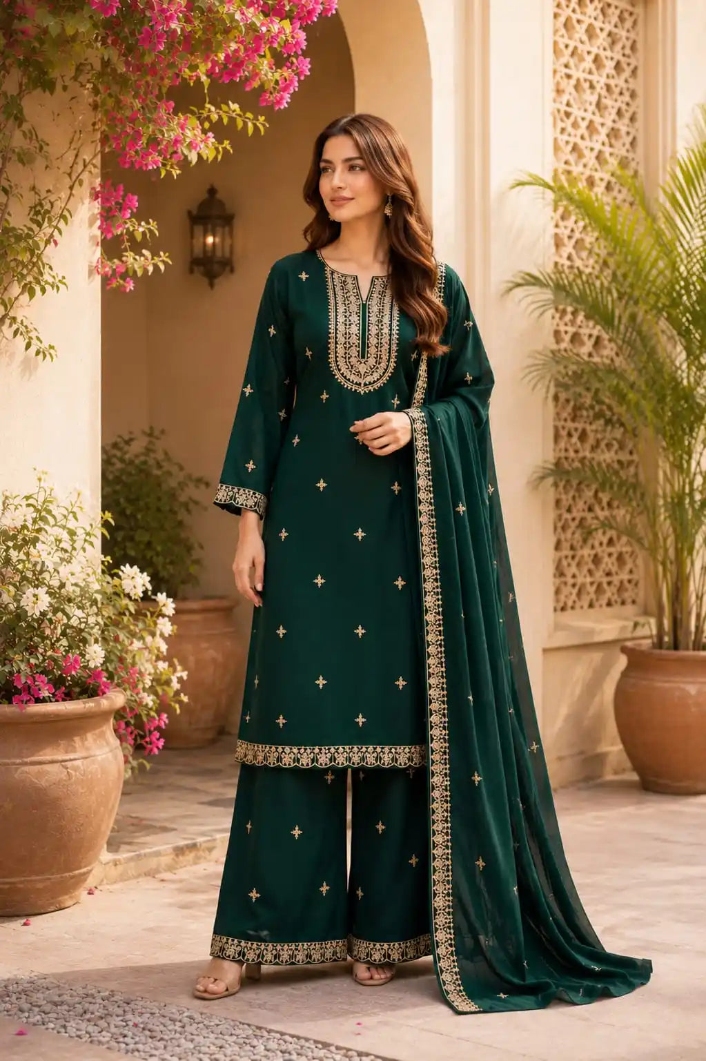 Women’s Embroidered Designer Garara Readymade Suit With Dupatta By ASC