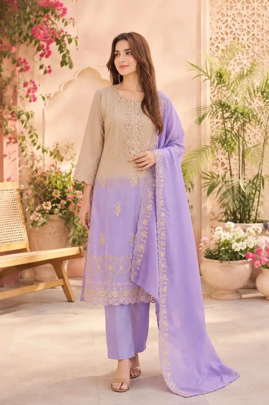 Women’s Embroidered Readymade Designer Contrast Suit With Dupatta By ASC