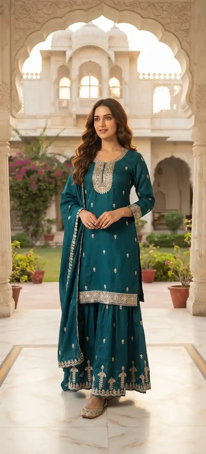 Women’s Embroidered Designer Garara Readymade Suit With Dupatta By ASC