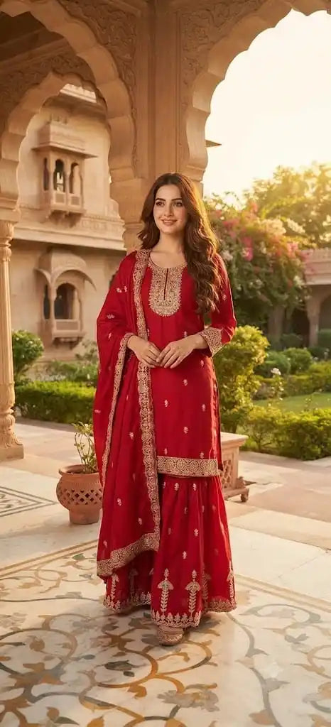 Women’s Embroidered Designer Garara Readymade Suit With Dupatta By ASC