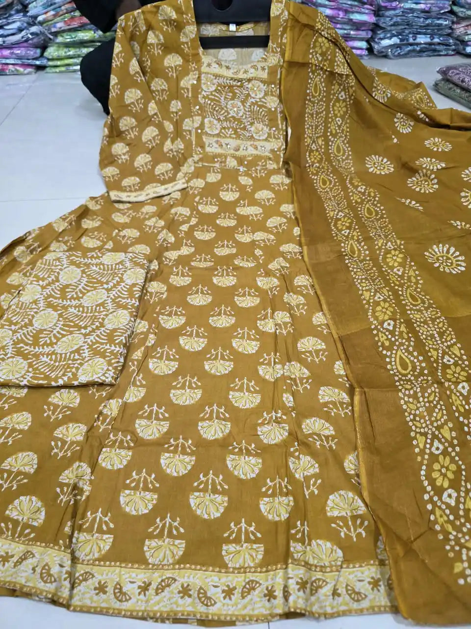Mustard Anarkali Pattern With Dabu Print & Hand Work By ASC