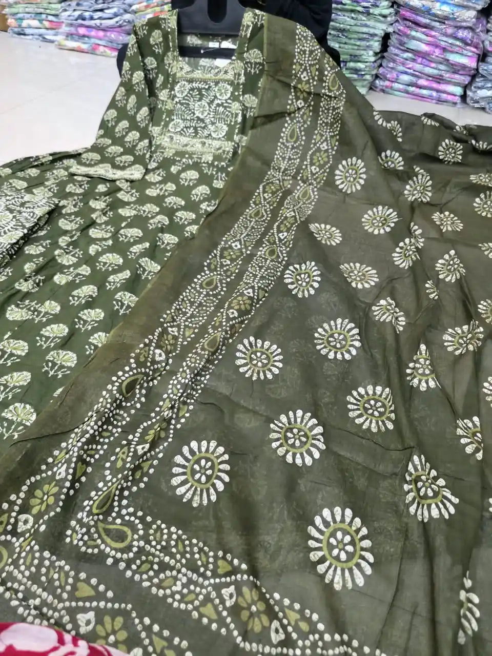 Olive Green Anarkali Pattern With Dabu Print & Hand Work By ASC