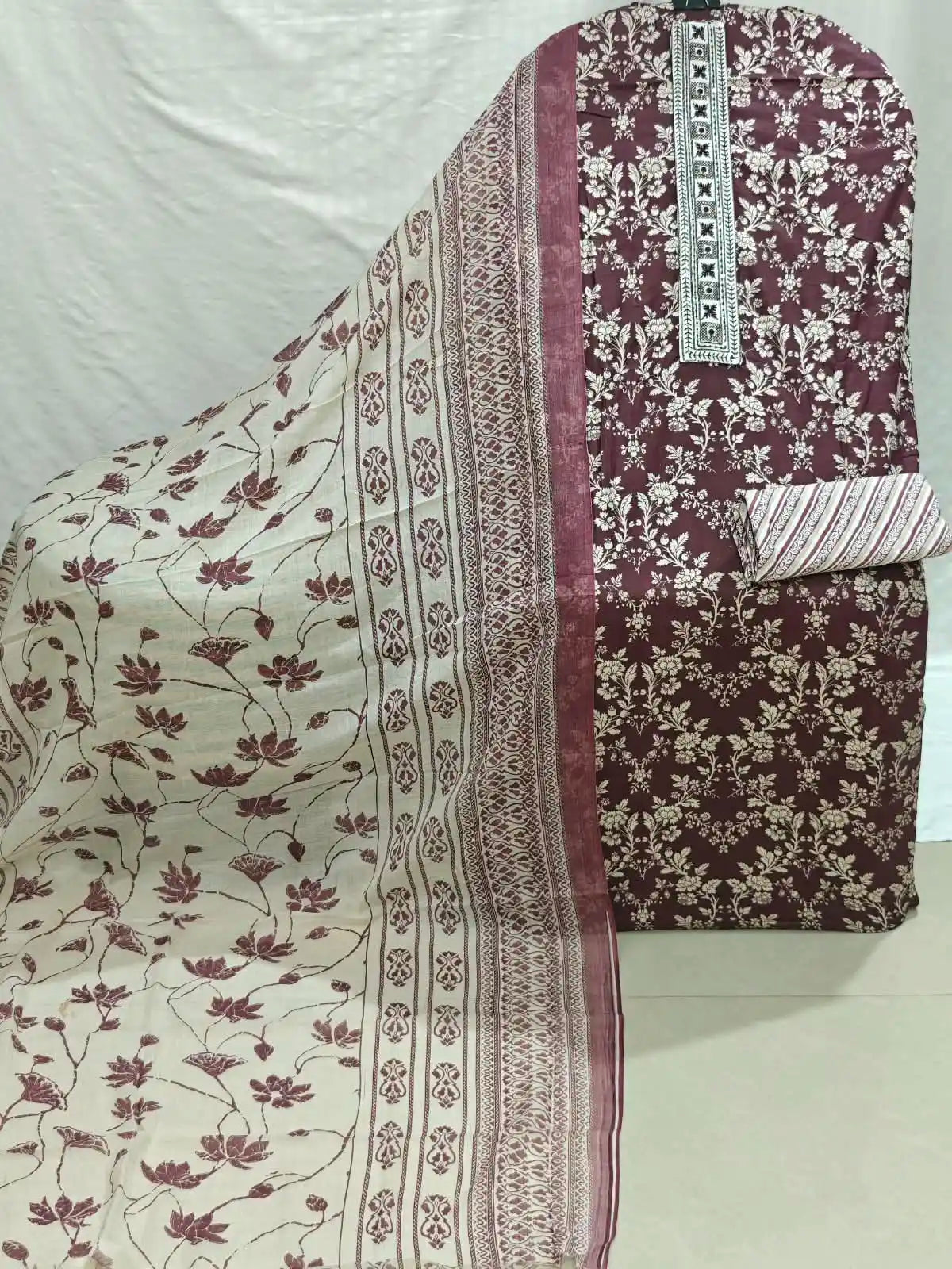 MAROON  Floral Print Cotton Unstitched Suit with Printed Dupatta