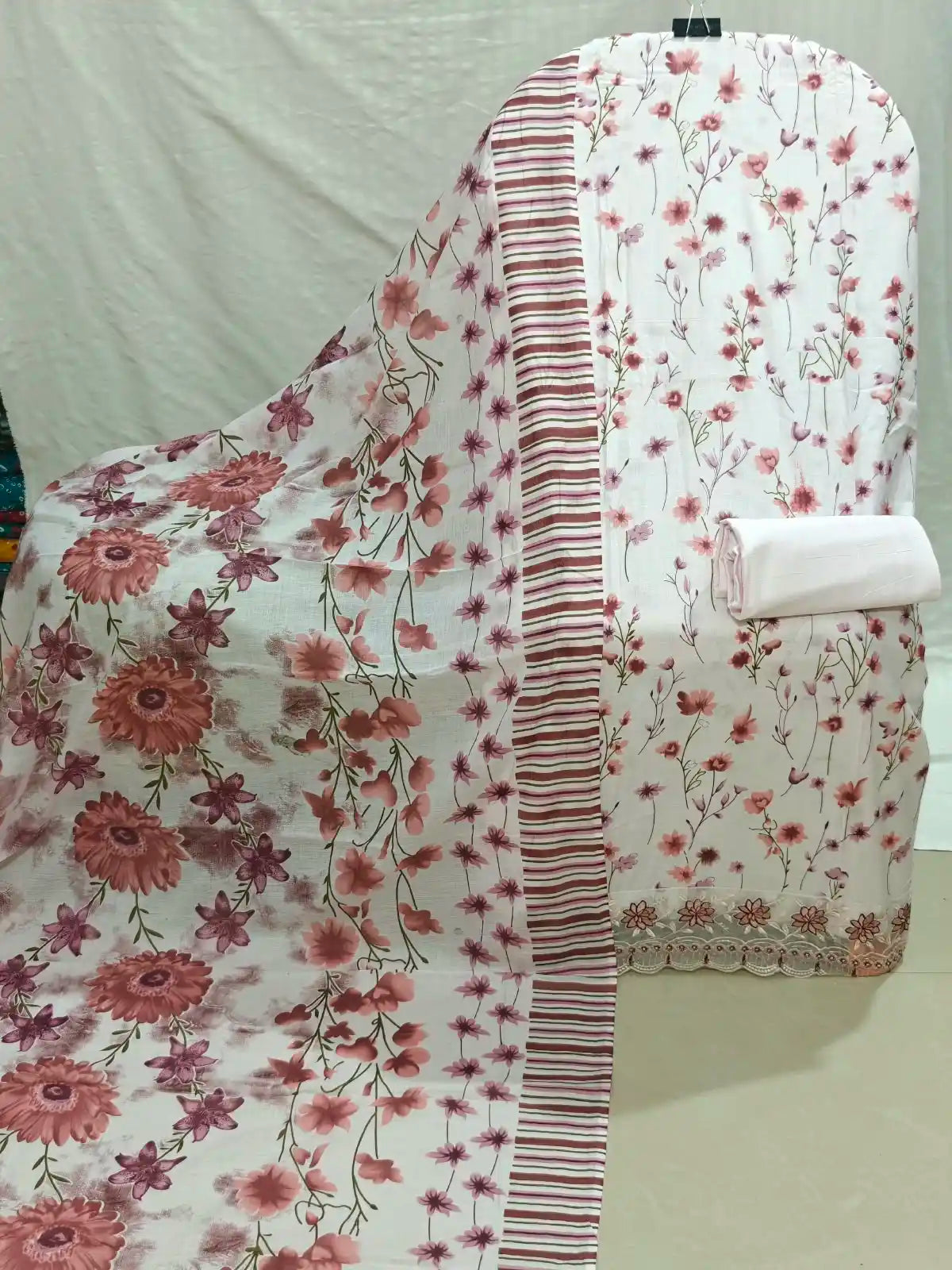 Cream base featuring Dusty Pink & Wine floral vine prints with an embroidered lace border