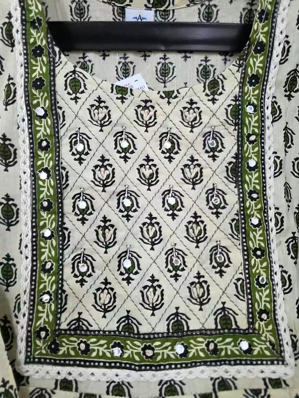 Olive Green Anarkali Pattern With Classic Jaipuri Buti Print & Hand Work By ASC