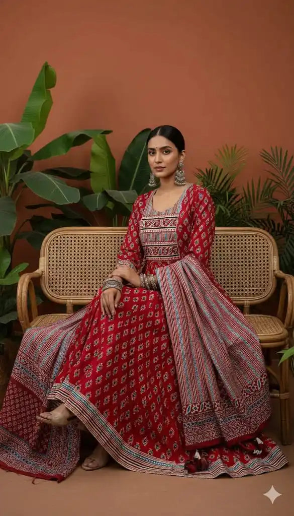 Gown With Kali, Neck Patch Emb, Cotton Pant, Cotton Dupatta