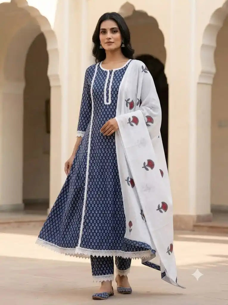 Sanganeri Leaf Print Anarkali crochet lace Style Suit By ASC