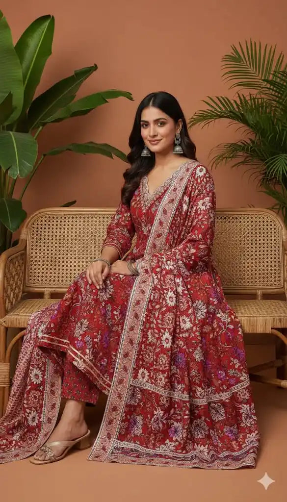 Gown With Kali In Premium Cotton Fabric, Cotton Pant , Mal Cotton Print Dupatta