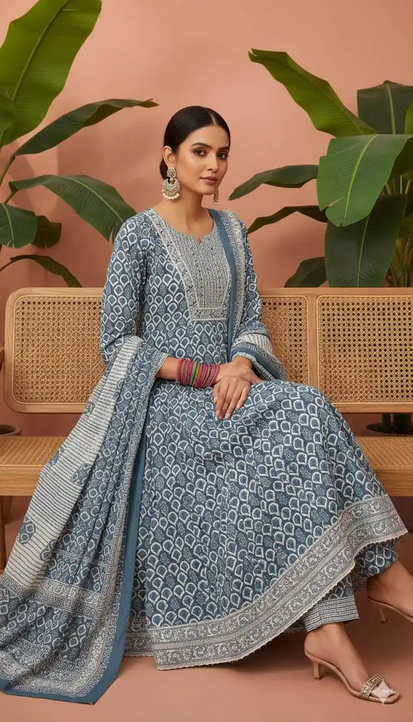 Ocean Blue Cotton Readymade Gown With Neck Emb, Kalis, Mal Dupatta & Plazo pant