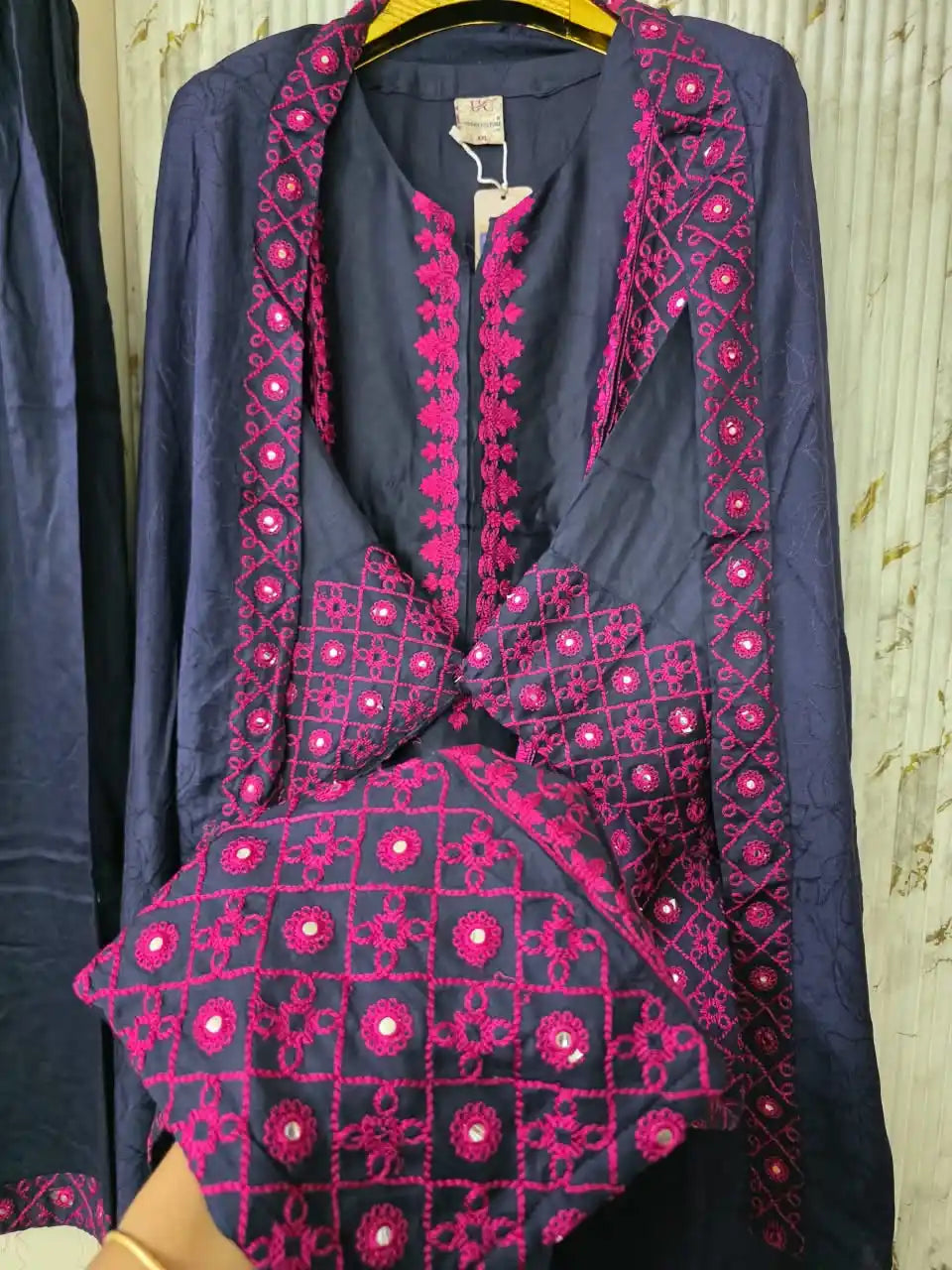 Pakistani Embroidered Designer Blue Suit with contrast pink embroidery